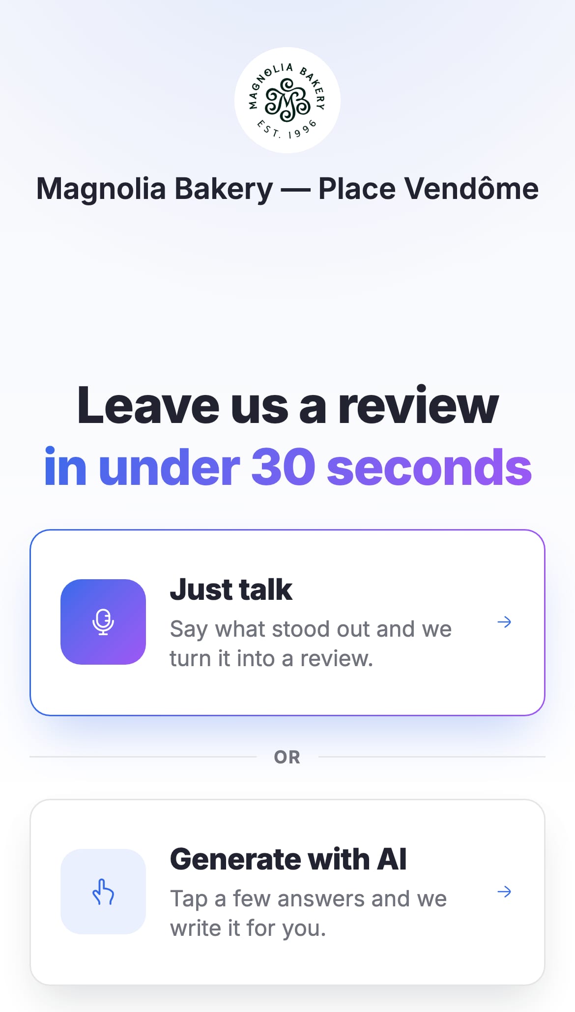 Starise review flow on a phone for Magnolia Bakery — Place Vendôme: leave a review in under 30 seconds by talking or tapping